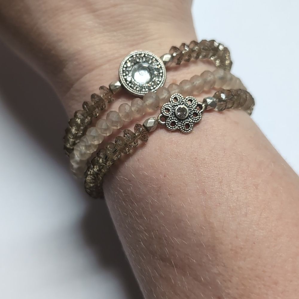 Set of 3 Silver Crystal‎ Smokey Clear Beaded Stretch Bracelets
